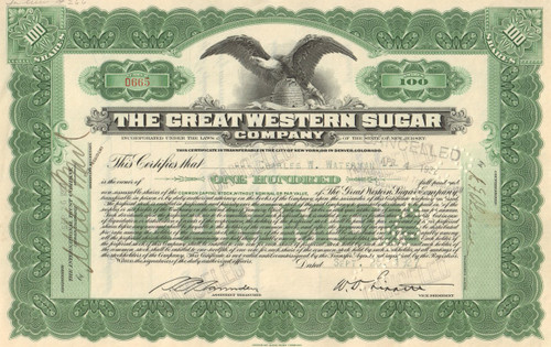 Great Western Sugar Company stock certificate 1920's (sugar beets)
