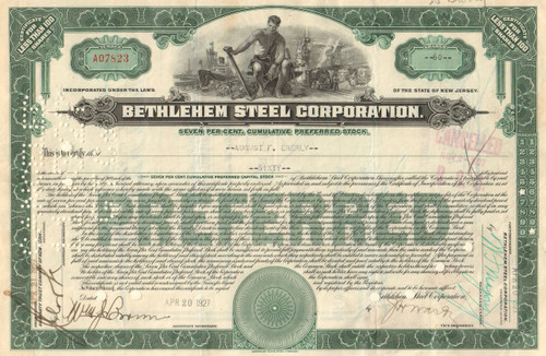 Bethlehem Steel Corporation stock certificate 1927 (famous bankruptcy)