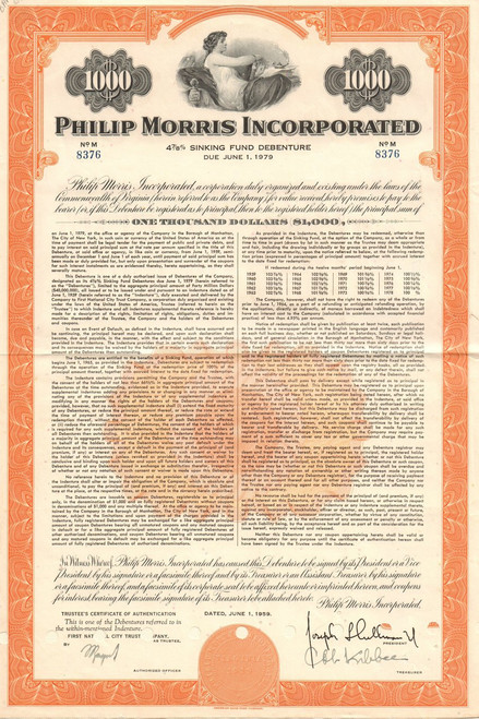 Philip Morris Incorporated $1000 bond certificate 1959 (tobacco)