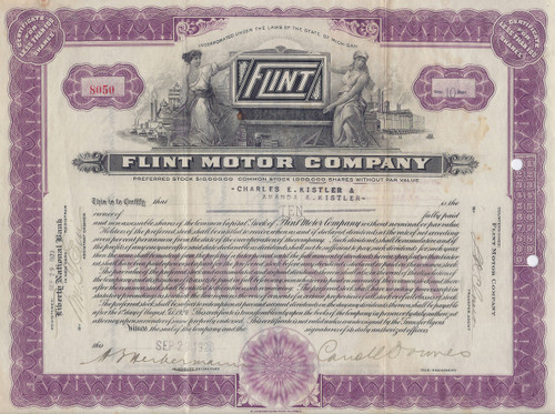 Flint Motor Company stock certificate 1923