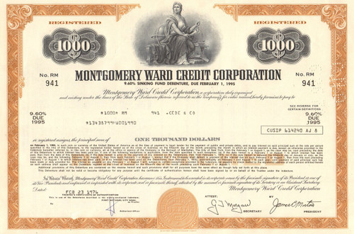 Montgomery Ward Credit Corporation bond certificate 1970's (mail order and retail) - brown $1000