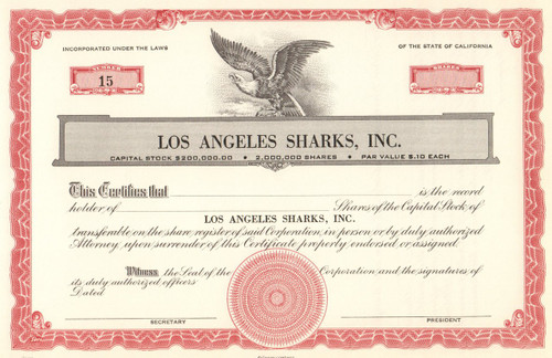 Los Angeles Sharks stock certificate 1970's (hockey)