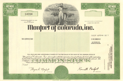 Monfort of Colorado Inc.  stock certificate circa 1970 (meat packing)