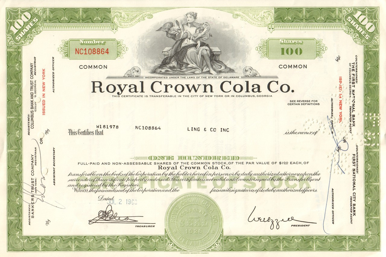 Royal Crown Cola Co Stock Certificate 1968 Soft Drinks