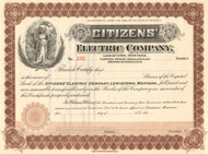 Citizens Electric Company stock certificate circa 1906 (Montana)