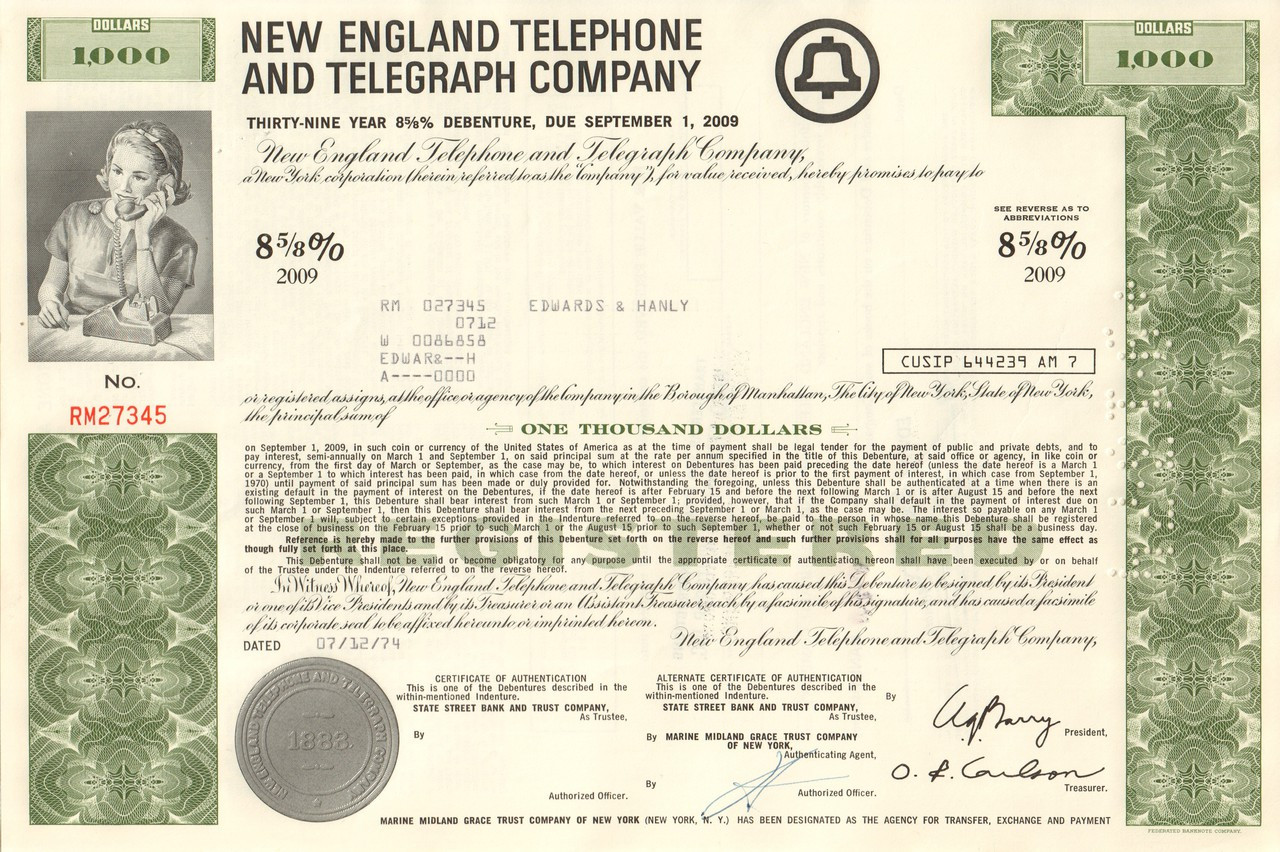 1958 New England Telephone & Telegraph Company Stock Certificate