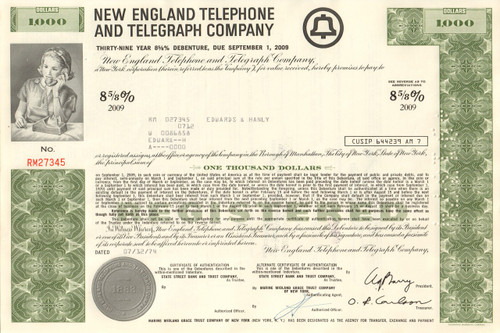 New England Telephone and Telegraph Company $1000 bond certificate 1970's
