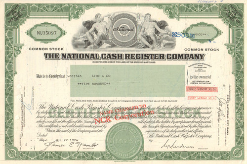 National Cash Register Company stock certificate 1970's (NCR)