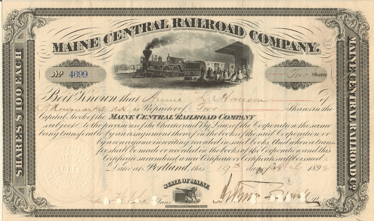 1850s Somerset and Kennebec Railroad Maine stock certificate share 
