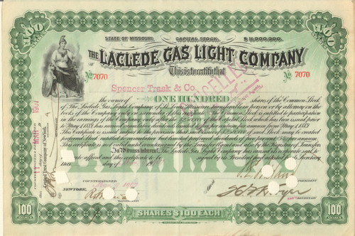 Laclede Gas Light Company stock certificate 1900's (Missouri)