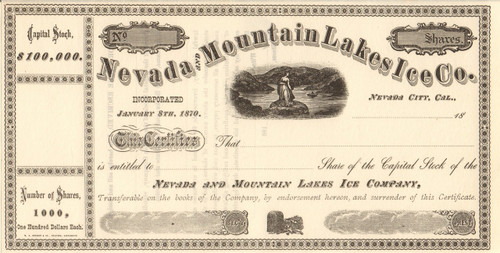 Nevada and Mountain Lakes Ice Company stock certificate circa 1870 (California)