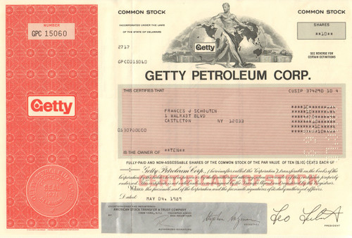 Getty Petroleum Corp stock certificate 1980's (oil)