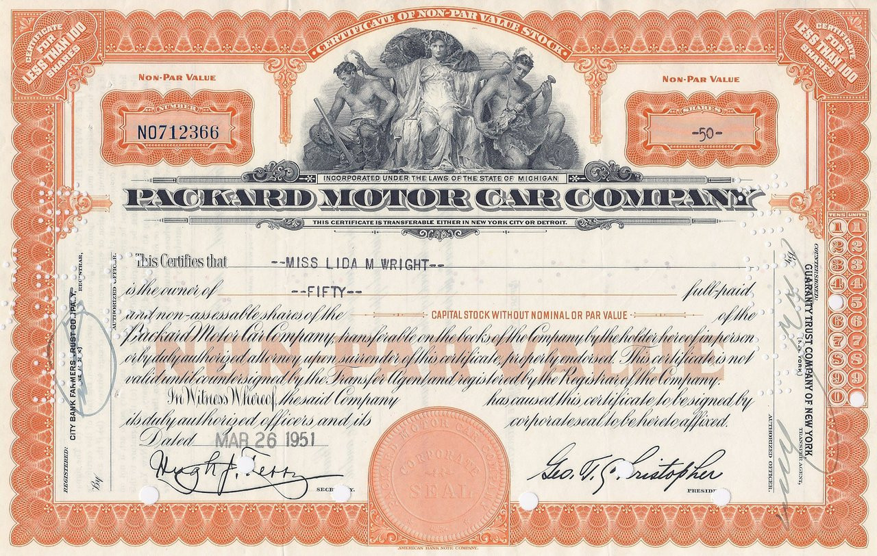 Packard Motor Car Company Non Par Value Stock Certificate Michigan Grey 