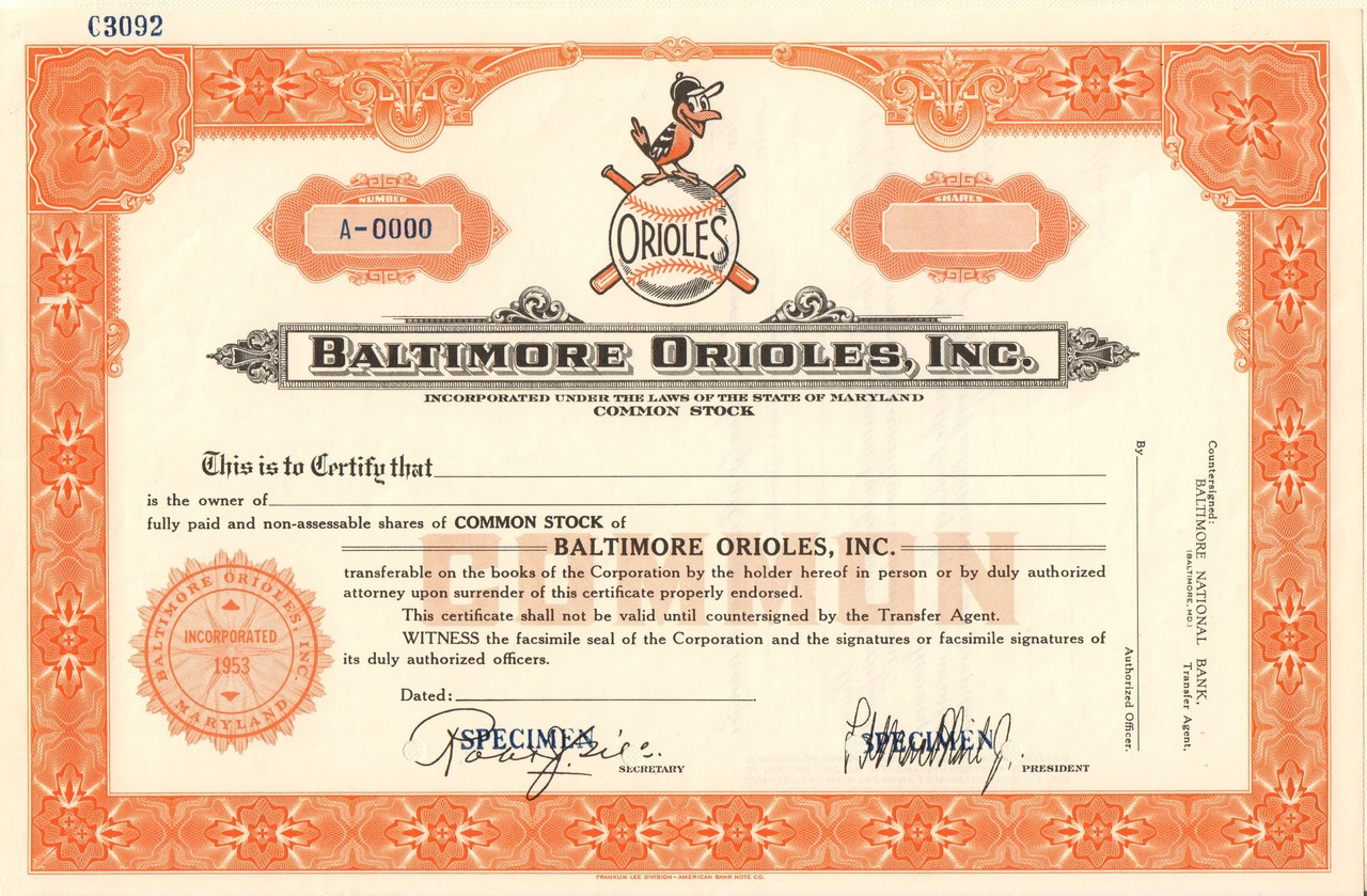 Baltimore Orioles Inc Stock Certificate Specimen