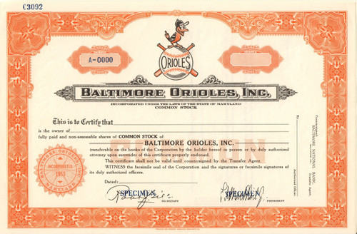 Rare Baltimore Orioles stock certificate - clean, unissued speciment. perfect gift for the baseball fan