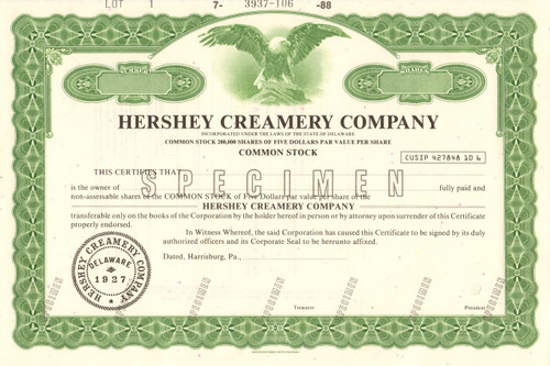 Hershey Creamery Company specimen stock certificate