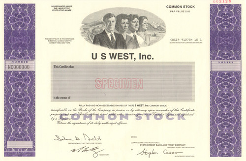 US West stock certificate specimen