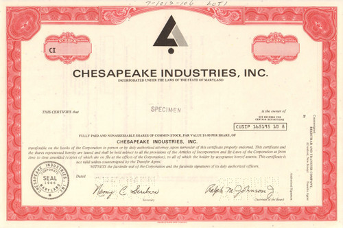 Chesapeake Industries stock certificate specimen