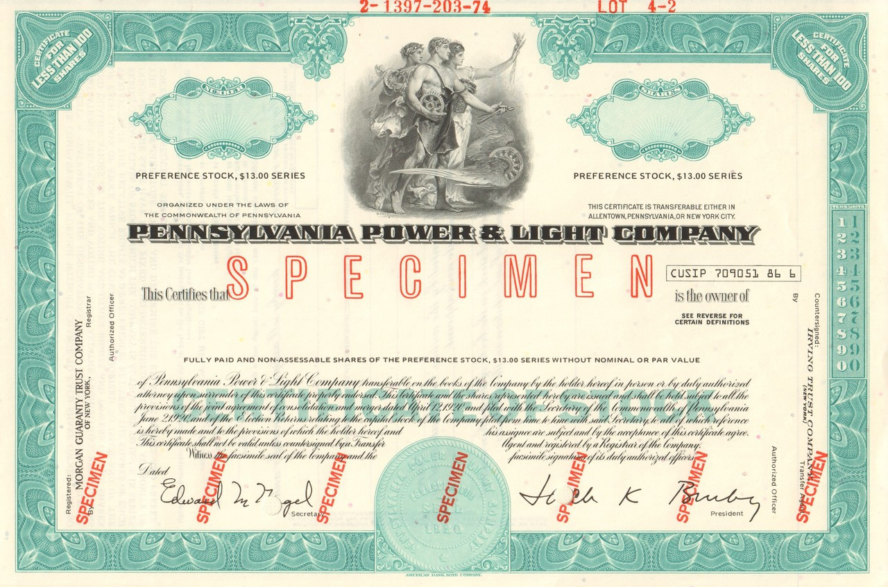Pennsylvania Ohio Electric Company > stock certificate 