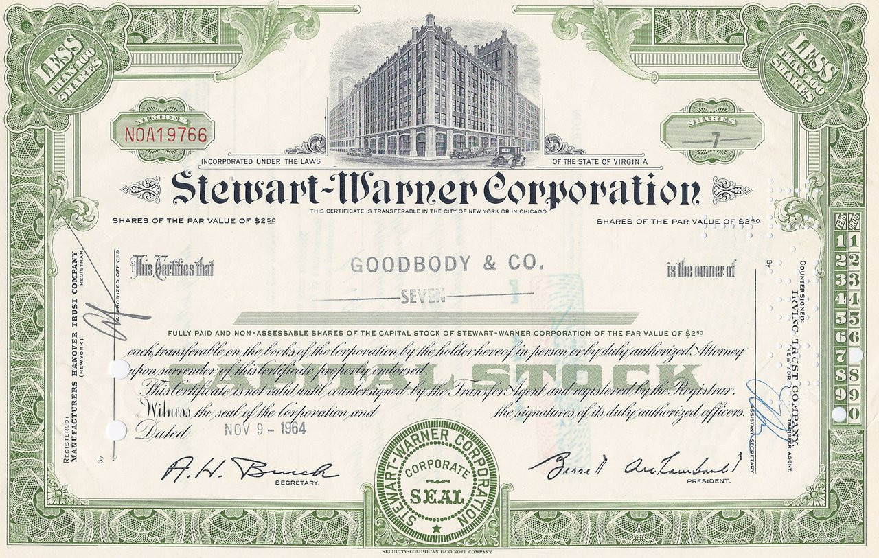 Chicago, Speedometers Stewart-Warner Corporation Stock Certificate 