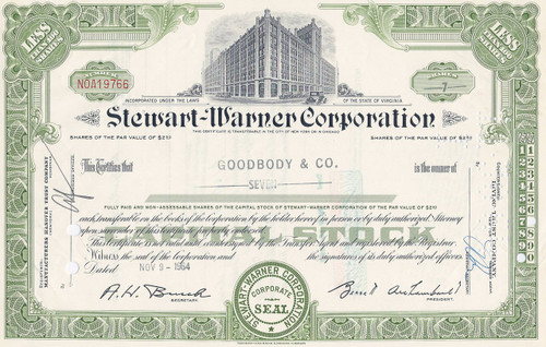 Stewart-Warner stock certificate - green