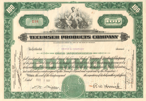 Tecumseh Products Company stock certificate (1937) 