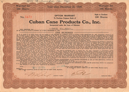 Cuban Cane Products Co. option warrant 1930