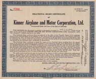 Kinner Airplane and Motor Corporation 1930 fractional shares stock certificate 