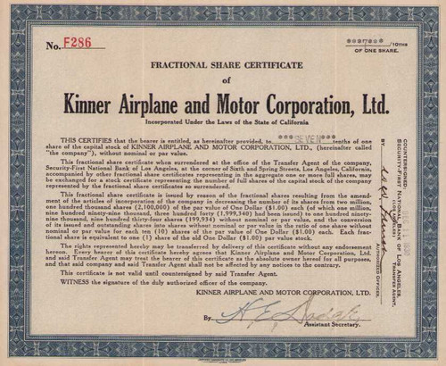 Kinner Airplane and Motor Corporation 1930 fractional shares stock certificate 