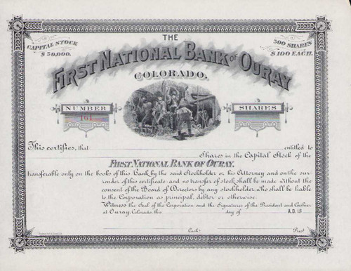 First National Bank of Ouray (Colorado) stock certificate circa 1889