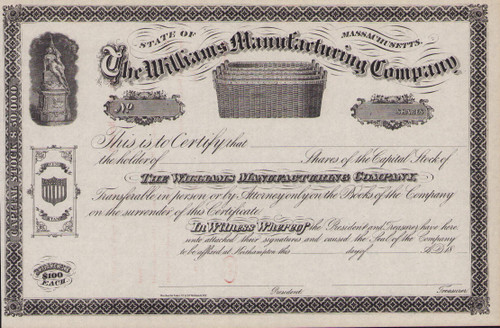 The Williams Manufacturing Company (Massachusetts) stock certificate circa 1867