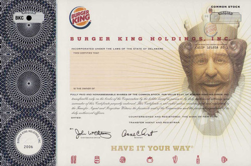 Burger King Holdings Inc specimen stock certificate 2006