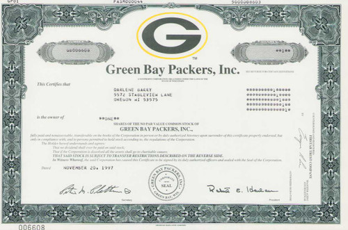 Green Bay Packers stock certificate 1997