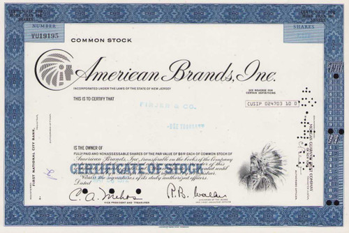 American Brands Inc stock certificate 1970s - blue