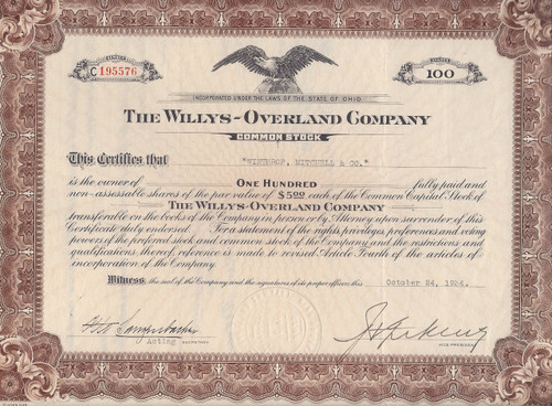 Willys-Overland stock certificate with eagle vignette 1934