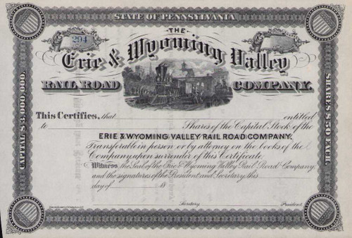 Erie & Wyoming Valley Railroad Company stock certificate circa 1882 (Pennsylvania)