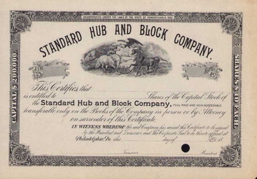 Standard Hub and Block Company stock certificate circa 1892 (Pennsylvania)