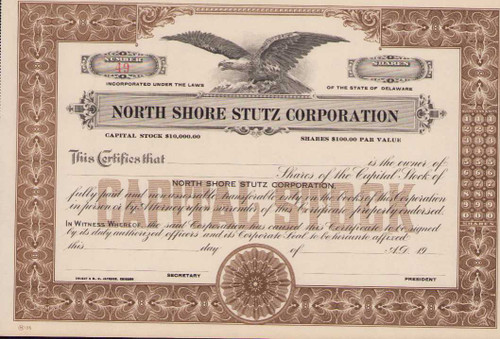 North Shore Stutz Corporation stock certificate circa 1920 (Illinois) 