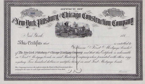 New York Pittsburgh and Chicago Construction Company stock certificate circa 1881 (New York))