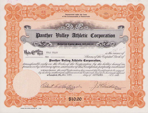 Panther Valley Athletic Corporation stock certificate 1946 (Pennsylvania) - semipro football