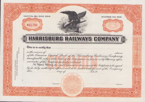 Harrisburg Railways Company stock certificate Unissued - circa 1950s 