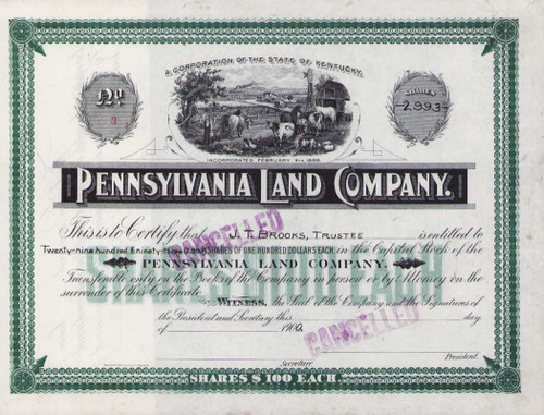 Pennsylvania Land Company stock certificate 1900 (Kentucky)