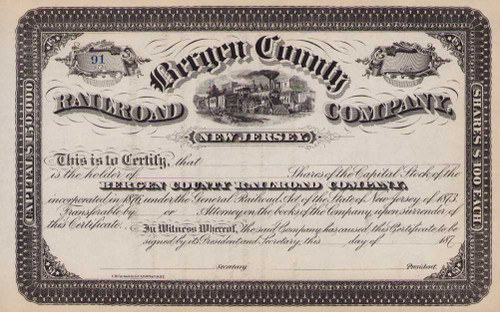 Bergen County Railroad Company stock certificate circa 1880 (New Jersey)