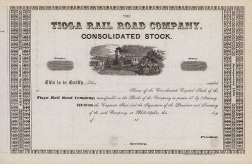 Tioga Railroad Company stock certificate circa 1850 (Pennsylvania) 