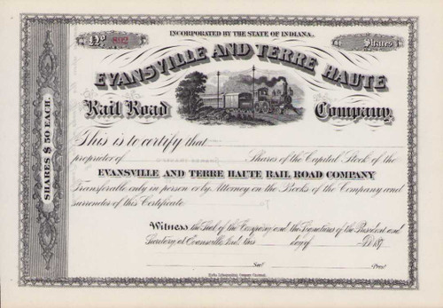 Evansville and Terre Haute Rail Road Company stock certificate circa 1877 (Indiana)) 

