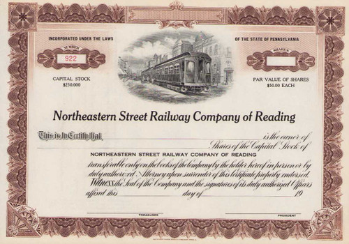 Northeastern Street Railway Company of Reading stock certificate circa 1900 (Pennsylvania)