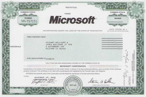 Microsoft stock certificate 2010 (Washington) - Steve Ballmer as president