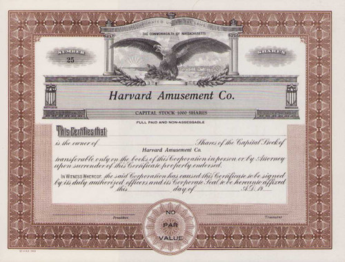Harvard Amusement Co. stock certificate circa 1933 (Boston Mass)
