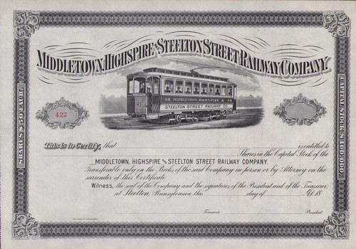 Middletown, Highspire and Steelton Street Railway  stock certificate circa 1891 (PA)