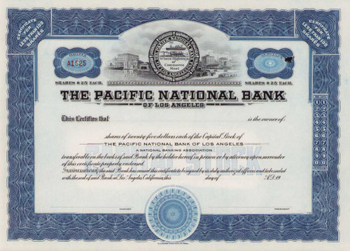 Pacific National Bank of Los Angeles stock certificate circa 1923 (California)
